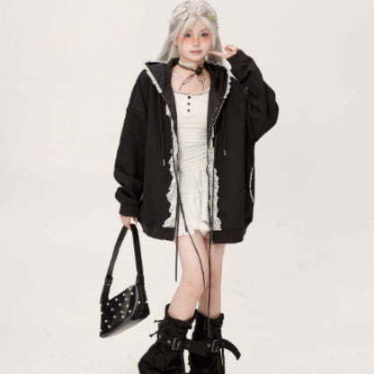 Lace Lace Zipper Gray Hoodie Jacket For Women - D&A