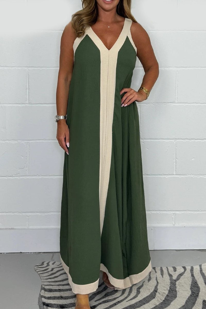 Casual Loose Contrast Color V-neck Sleeveless Long Dress Green - D&A