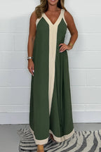 Casual Loose Contrast Color V-neck Sleeveless Long Dress Green - D&A