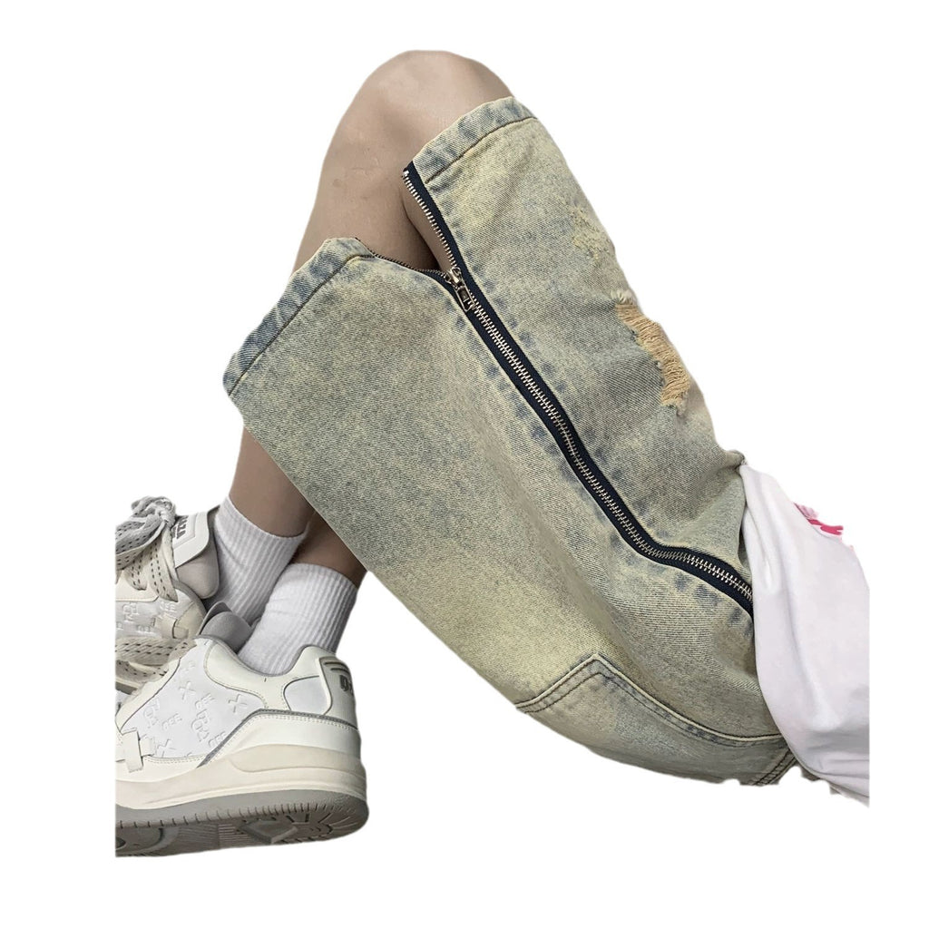 Retro Yellow Mud Ripped Denim Shorts Men's Loose Five Points - D&A