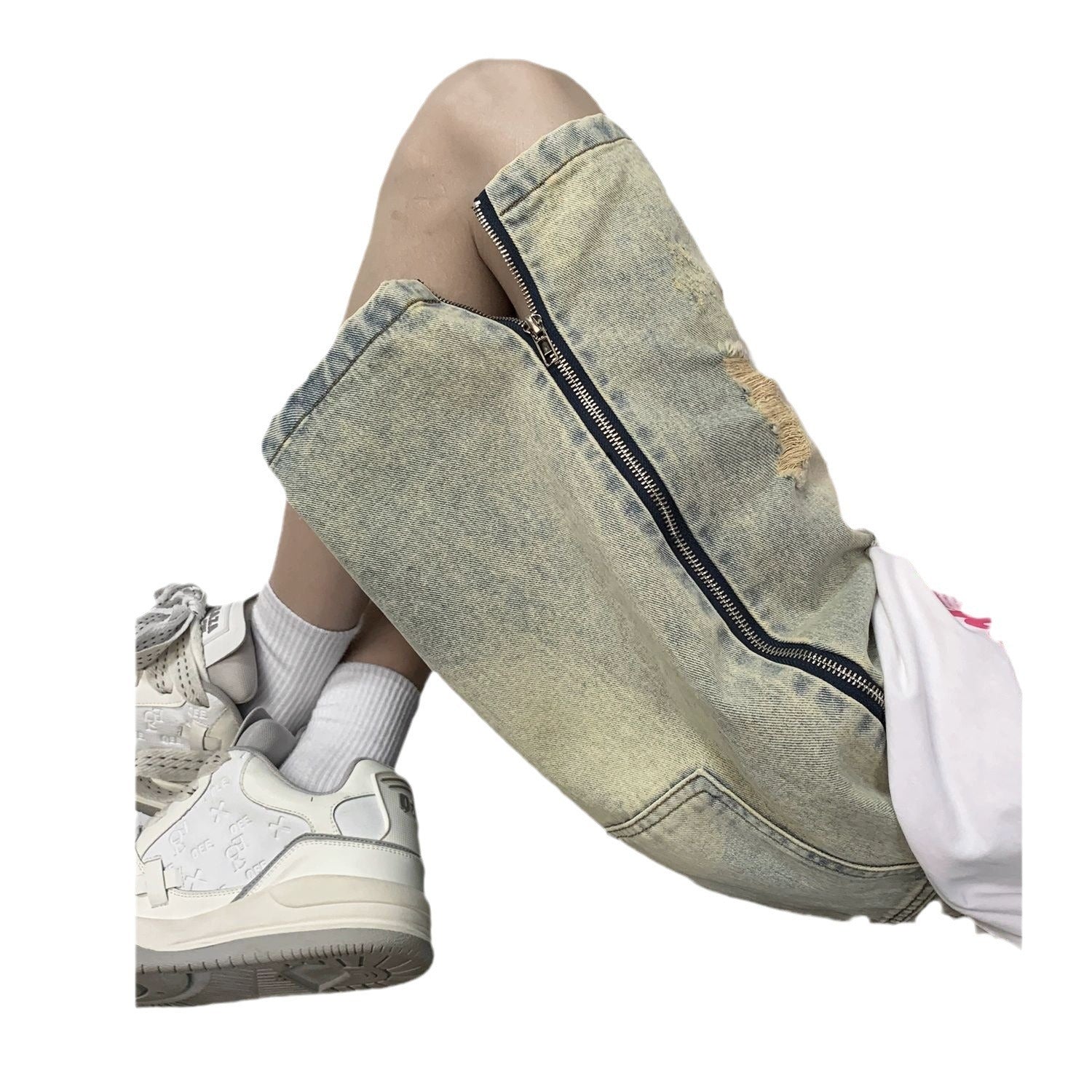 Retro Yellow Mud Ripped Denim Shorts Men's Loose Five Points - D&A