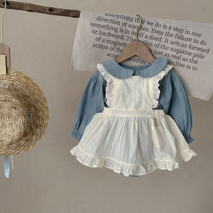 Infant Single-breasted Long Sleeve Small Plaid Romper Sling Small Overskirt Set - D&A