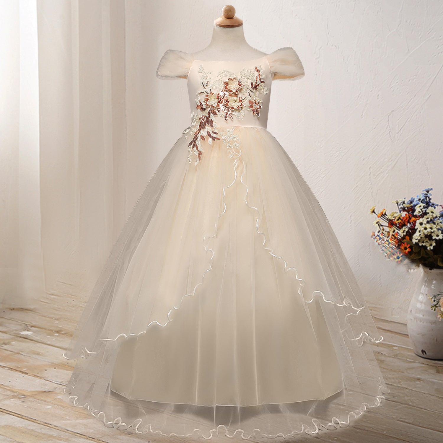 One-shoulder Princess Flower Dress Costume Champagne - D&A