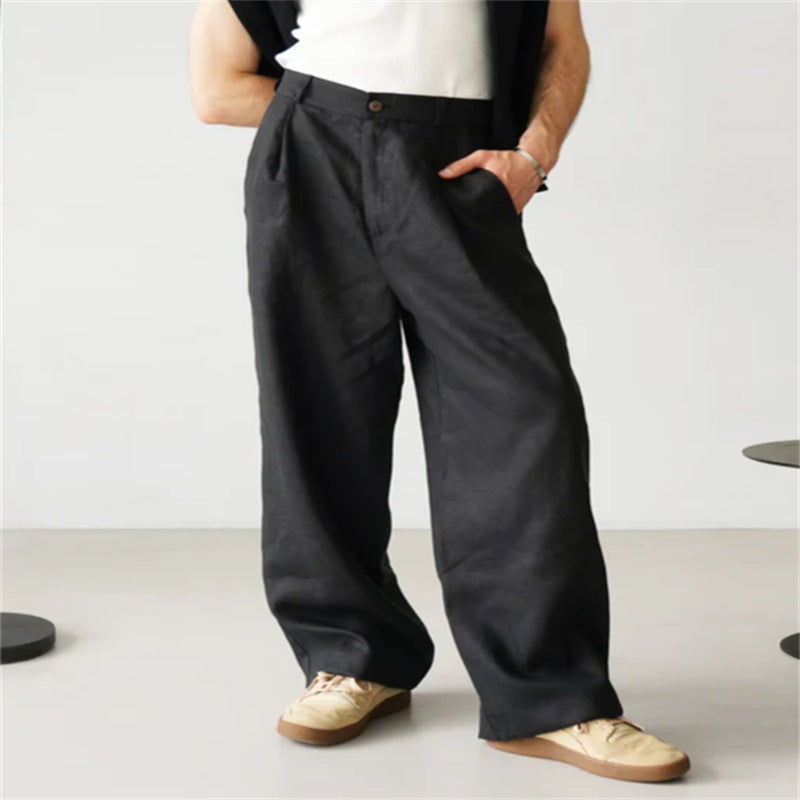 Men's Loose Linen Pleated High Waist Jogger Pants Breathable Daily Casual Pants Black - D&A