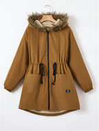 EZwear Drawstring Waist Fuzzy Trim Hooded Thermal Lined Drawstring Waist Coat - D&A