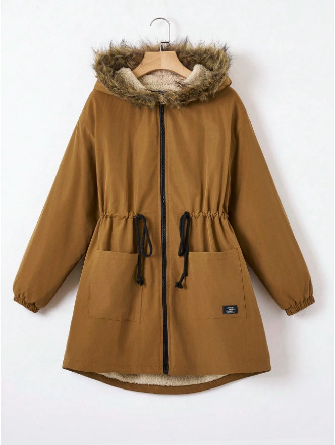 EZwear Drawstring Waist Fuzzy Trim Hooded Thermal Lined Drawstring Waist Coat - D&A