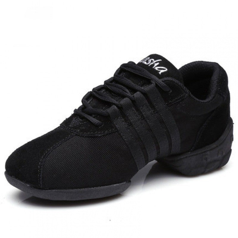 Mesh Dance Shoes Women's Mid Heel T01 Black Cloth Black Stripe - D&A