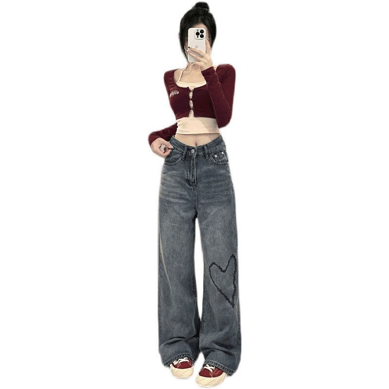 Love Embroidered Wide-leg Simple Casual Jeans - D&A