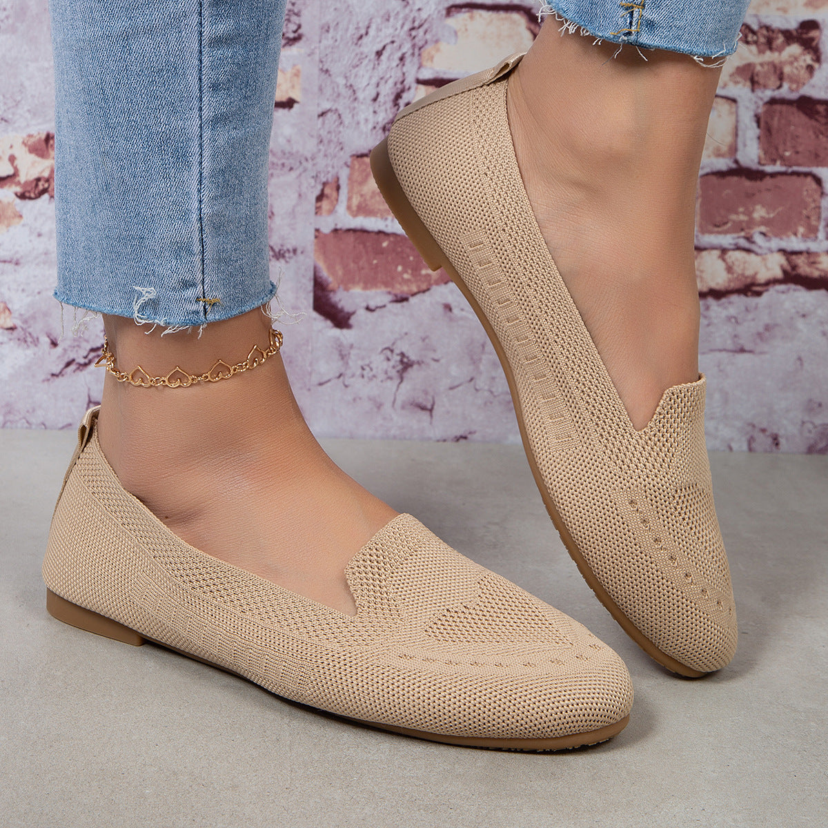 Fly Woven Mesh Low-cut Slip-on Lazy Flat Women's Casual Shoes Beige - D&A