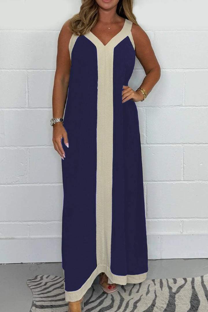Casual Loose Contrast Color V-neck Sleeveless Long Dress Blue - D&A