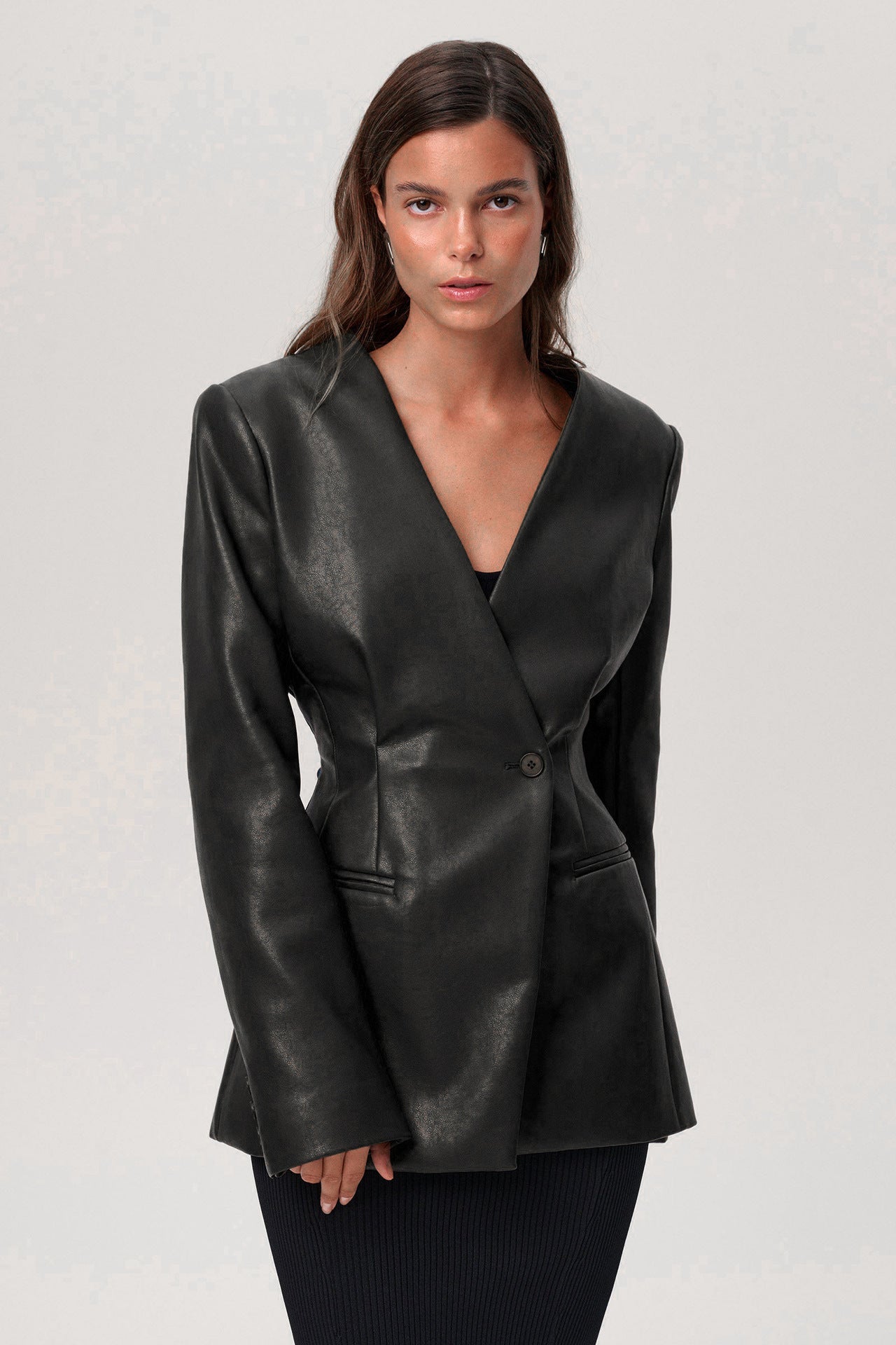 Fashionable Elegant Green V-neck Slim Suit Leather Coat Black - D&A