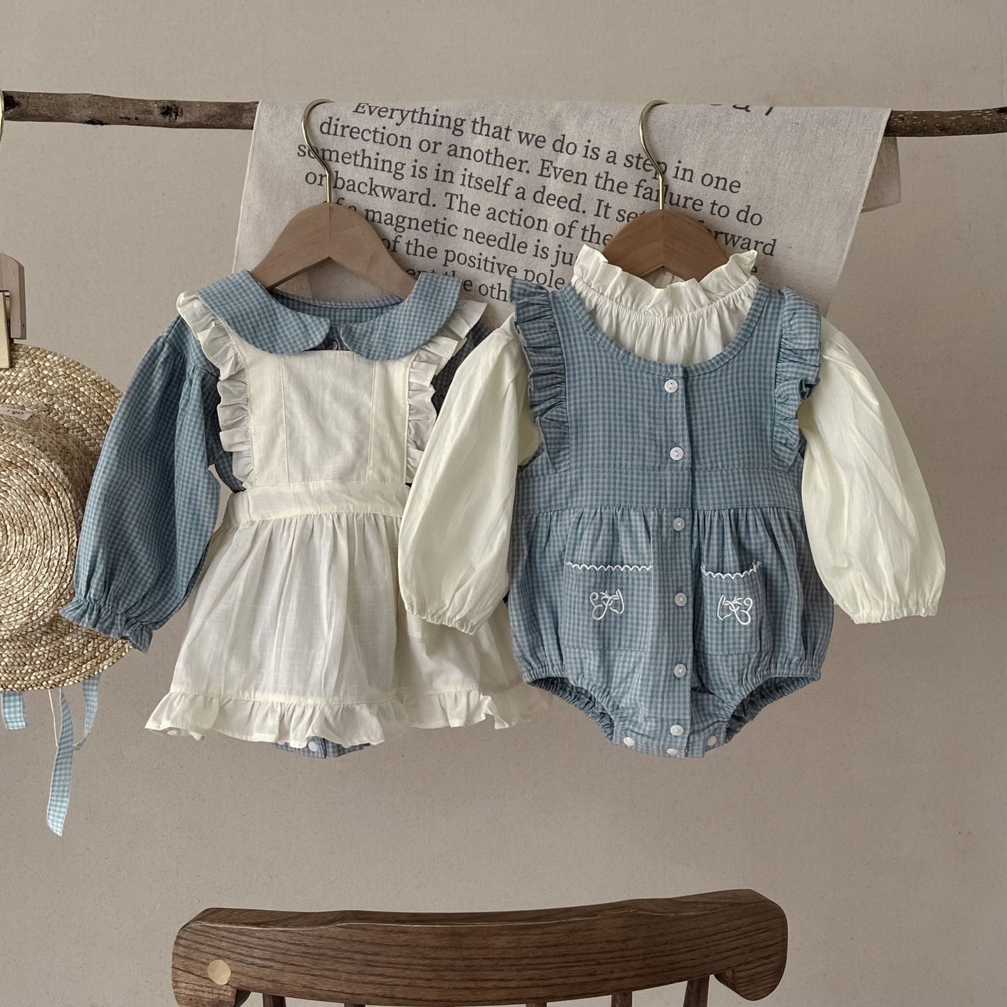 Infant Single-breasted Long Sleeve Small Plaid Romper Sling Small Overskirt - D&A