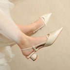 Women's Chunky Heel Low Heel Pointed Leather Stitching Fashion Sandals - D&A