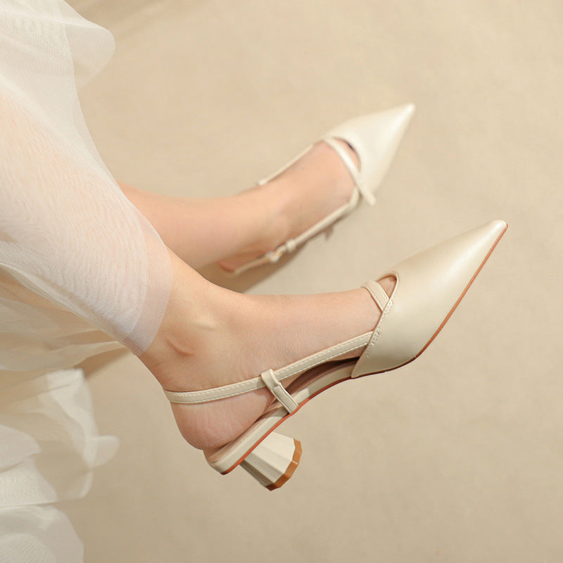Women's Chunky Heel Low Heel Pointed Leather Stitching Fashion Sandals - D&A