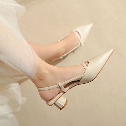 Women's Chunky Heel Low Heel Pointed Leather Stitching Fashion Sandals - D&A