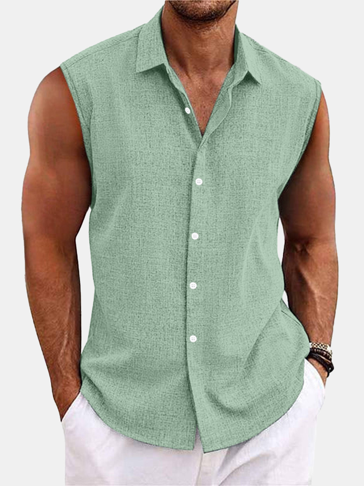 Lapel Beach Sleeveless Shirt Light Green - D&A