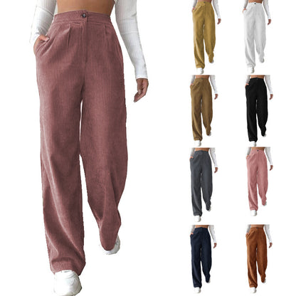Women's High Waist Casual Pants Solid Color Corduroy Baggy Straight Trousers - D&A