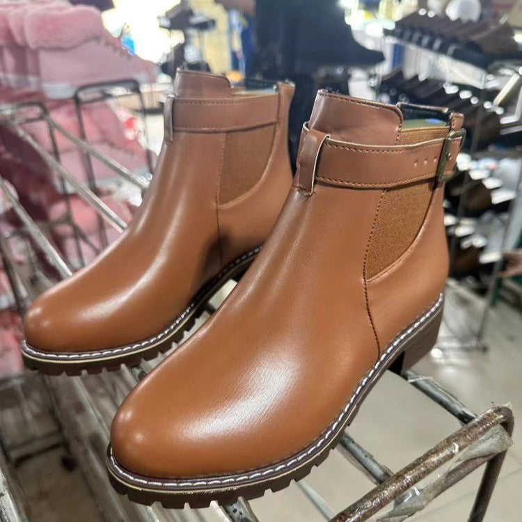 Belt Buckle Decoration Round Head Ankle Boots Chocolate - D&A