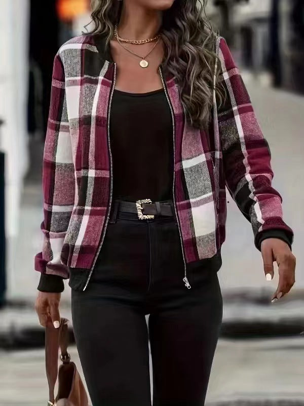 European And American Autumn And Winter Plaid Baseball Jacket Jacket Dark Red - D&A