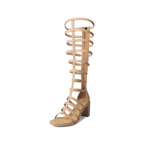 Nude High Heels Women's Summer Open Toed Hollow Thin High Tube Sandal Boots - D&A