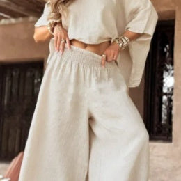 Solid Color Loose Round Neck Off-the-shoulder Women's Summer Suit Apricot - D&A