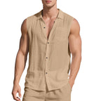 Sleeveless Linen Polo Collar Solid Color Cardigan Beach Shirt Vest - D&A