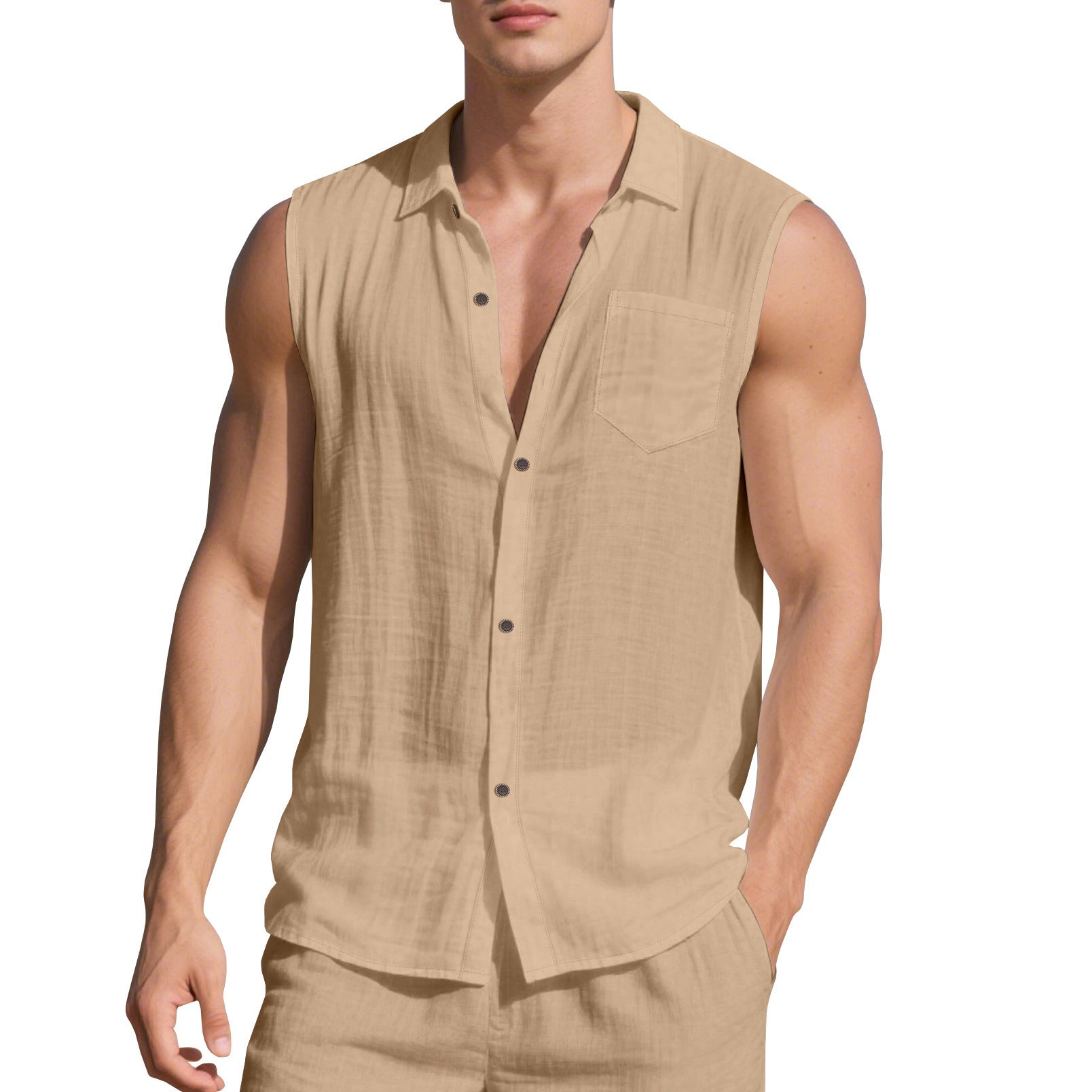 Sleeveless Linen Polo Collar Solid Color Cardigan Beach Shirt Vest - D&A