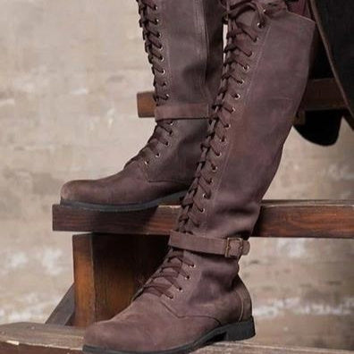 Long Boots Female High Tube Lace-up Low Heel - D&A