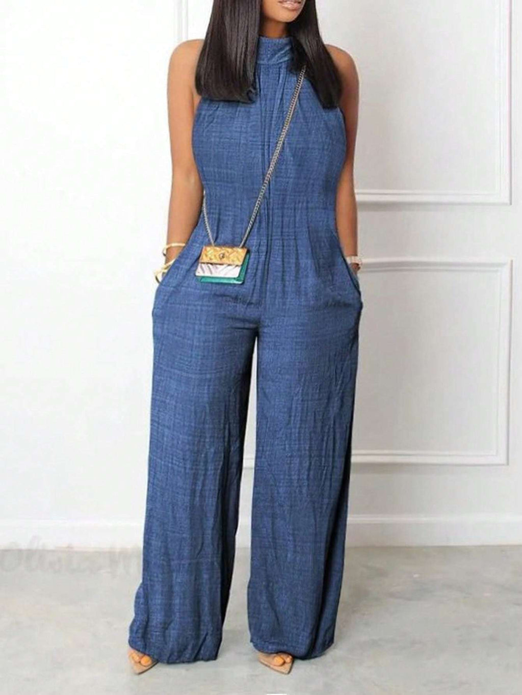 Sleeveless Halter Ruffled Young Women's Jumpsuit Blue - D&A