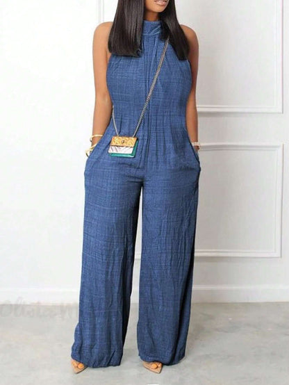 Sleeveless Halter Ruffled Young Women's Jumpsuit Blue - D&A