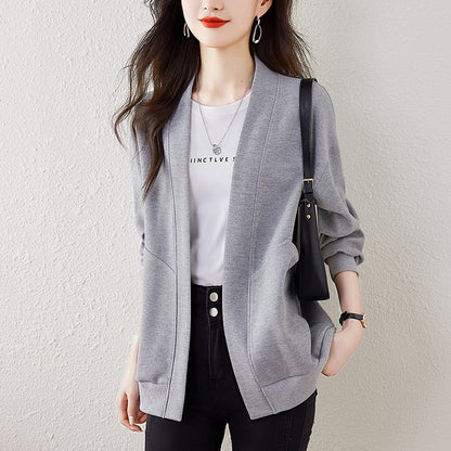 Lazy V-neck Sweatshirt Cardigan Women's Loose Casual Jacket All-matching Drop-shoulder Sleeve Gray - D&A