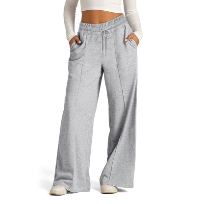 Women's Lace-up Solid Color Waist Tight Fashion Wide-leg Casual Pants Light Gray - D&A