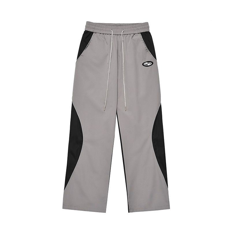 American Retro Color Contrast Patchwork Design Pants Gray - D&A