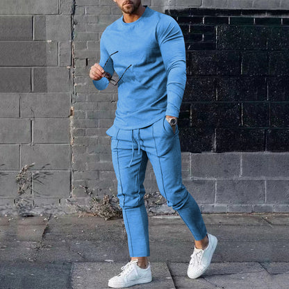 Spring Round Neck Long Sleeve T-shirt Trousers Solid Color Men's Two-piece Suit Light Blue - D&A