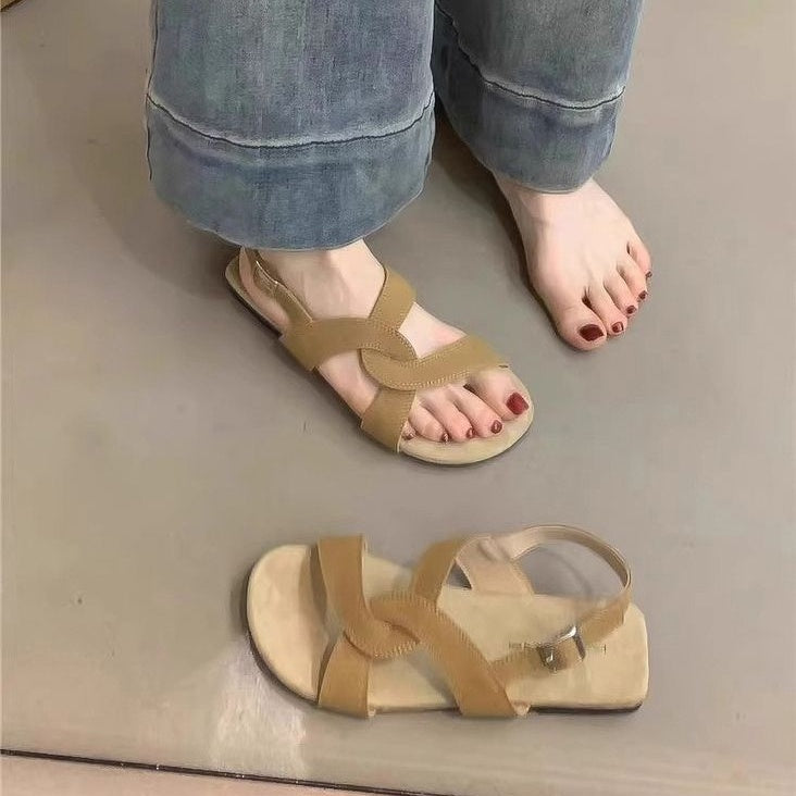 Retro Cross Strap Buckle Sandals For Women Summer Khaki - D&A