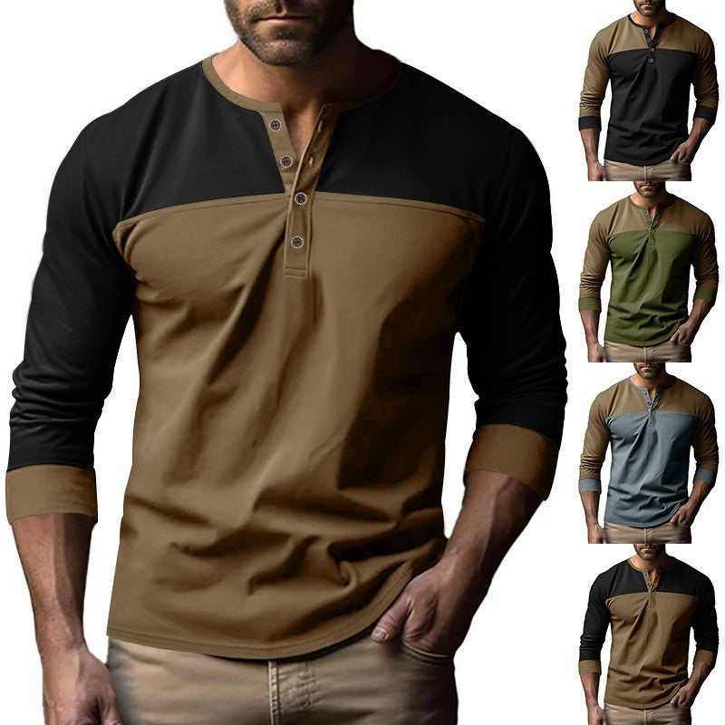 Retro Trendy Long-sleeve Color Matching Henry Collar Bottoming Shirt Casual T-shirt - D&A