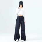 High Waist Women's Workwear Wide Leg Pants Navy Blue - D&A