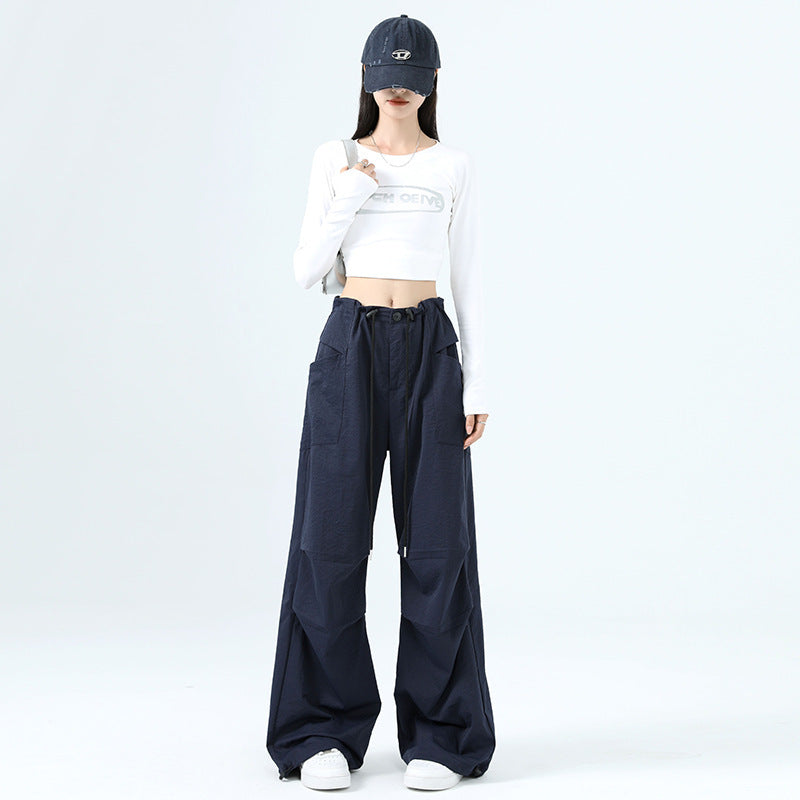 High Waist Women's Workwear Wide Leg Pants Navy Blue - D&A
