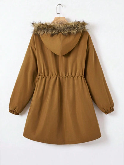 EZwear Drawstring Waist Fuzzy Trim Hooded Thermal Lined Drawstring Waist Coat - D&A