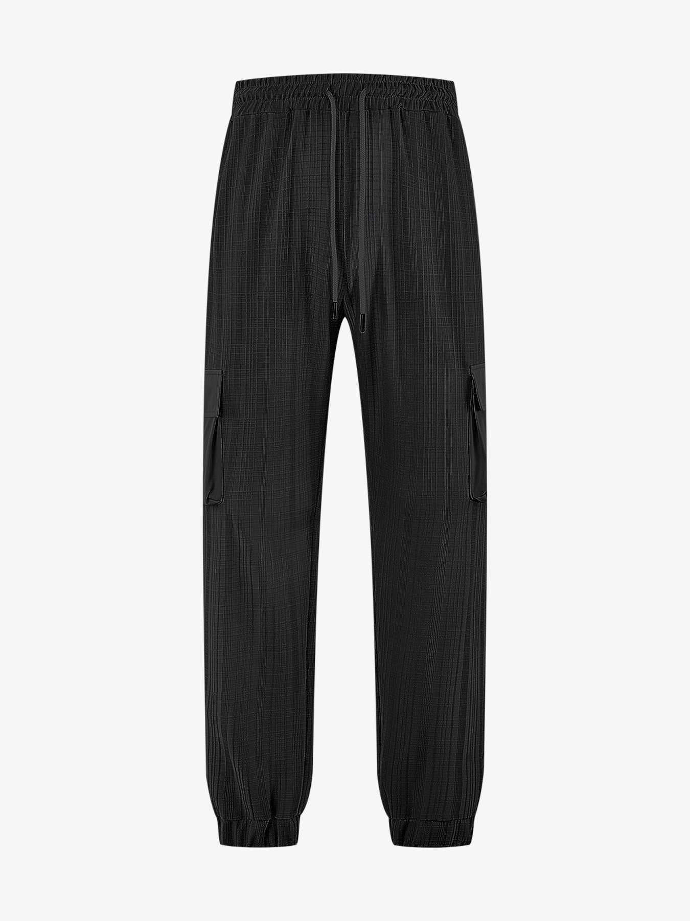 Loose Breathable Micro Elastic Lace-up Imitation Linen Plaid Men's Casual Pants Overalls Black - D&A