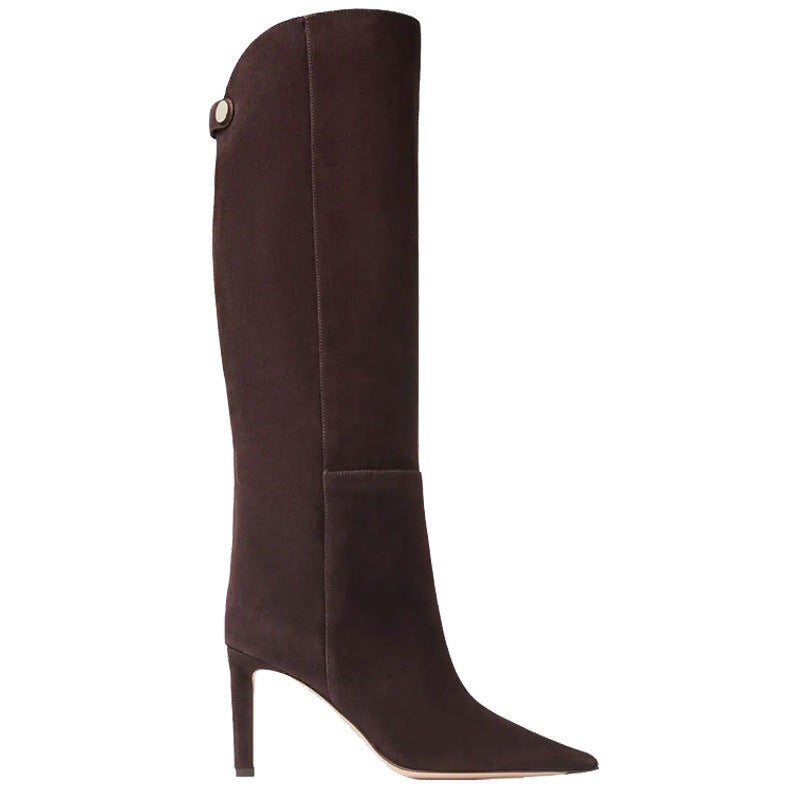 Simple European And American Style Fashion Catwalk Pointed-toe Stiletto Straight Boots Brown Suede - D&A