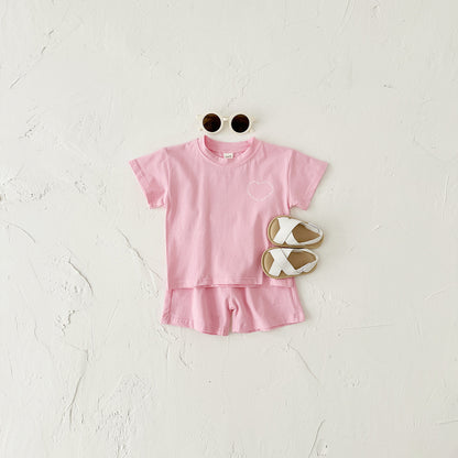 Heart Printing Short Sleeve Suit Korean Style Baby Boys' And Girls' Clothing Two-piece Set - D&A