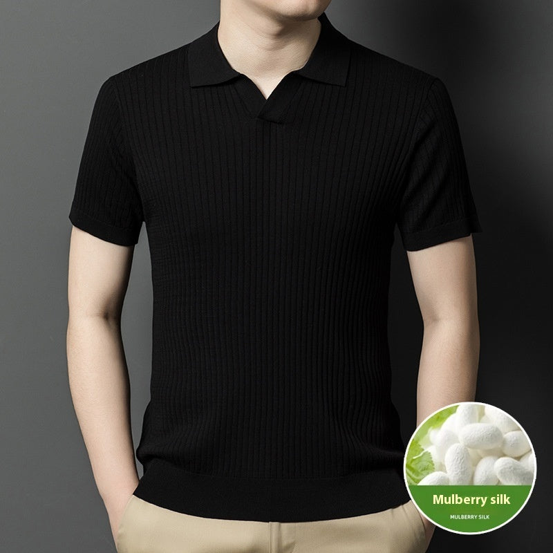 Mulberry Silk T-shirt Men's Short-sleeved Lapel High-end Casual Business Black - D&A