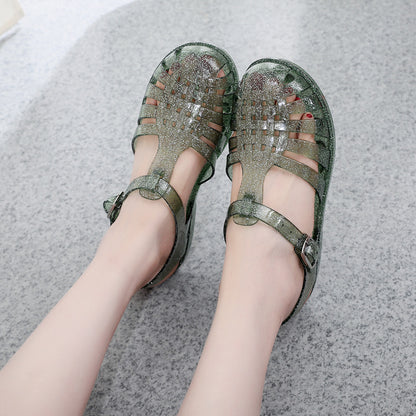 Crystal Gel Shoes Hollow Sandals For Women Flash Green - D&A