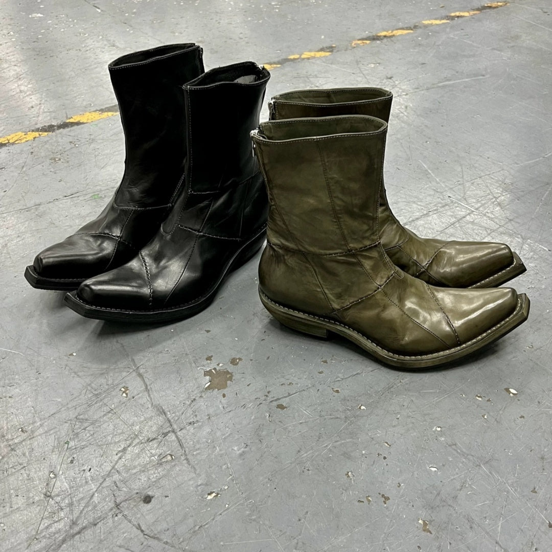 Men's Retro Dark Stitched Patchwork Square Toe Boots - D&A