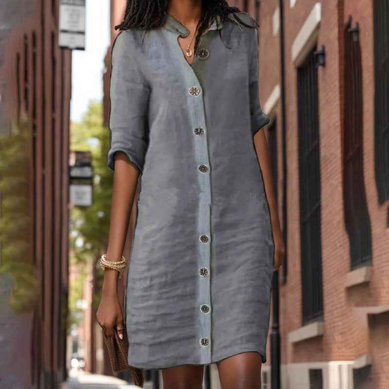Women's Solid Color Shirt Collar Mid-Sleeve Dress With Oversized Buttons - Simple & Elegant Spring&Summer Dress