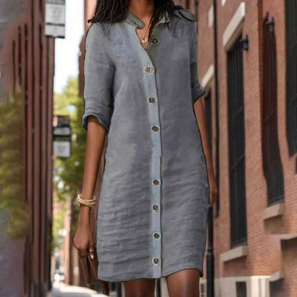 Women's Solid Color Shirt Collar Mid-Sleeve Dress With Oversized Buttons - Simple & Elegant Spring&Summer Dress