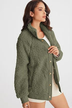 Winter Long Sleeve Button Sherpa Jacket Coat Pockets - D&A