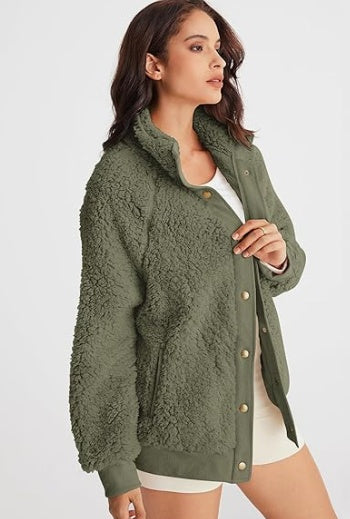 Winter Long Sleeve Button Sherpa Jacket Coat Pockets - D&A