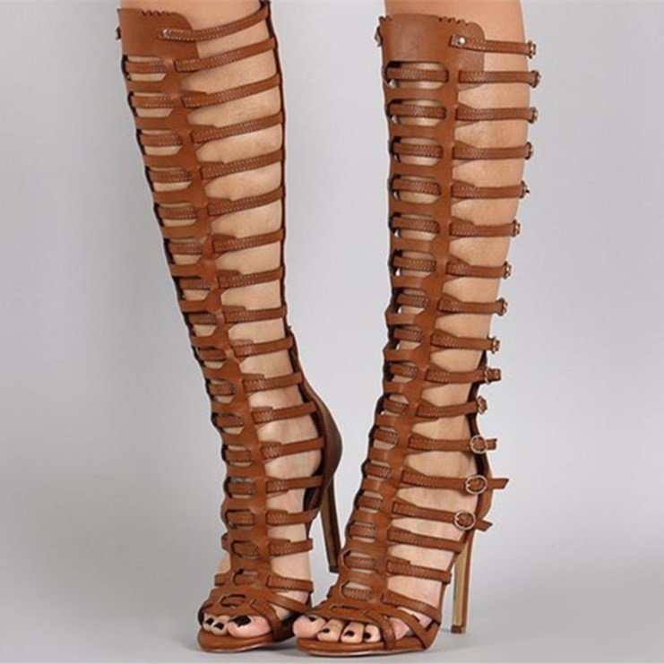 Ins Fashion Runway Laser Hollow Open Toe Roman Style Sandals Brown - D&A